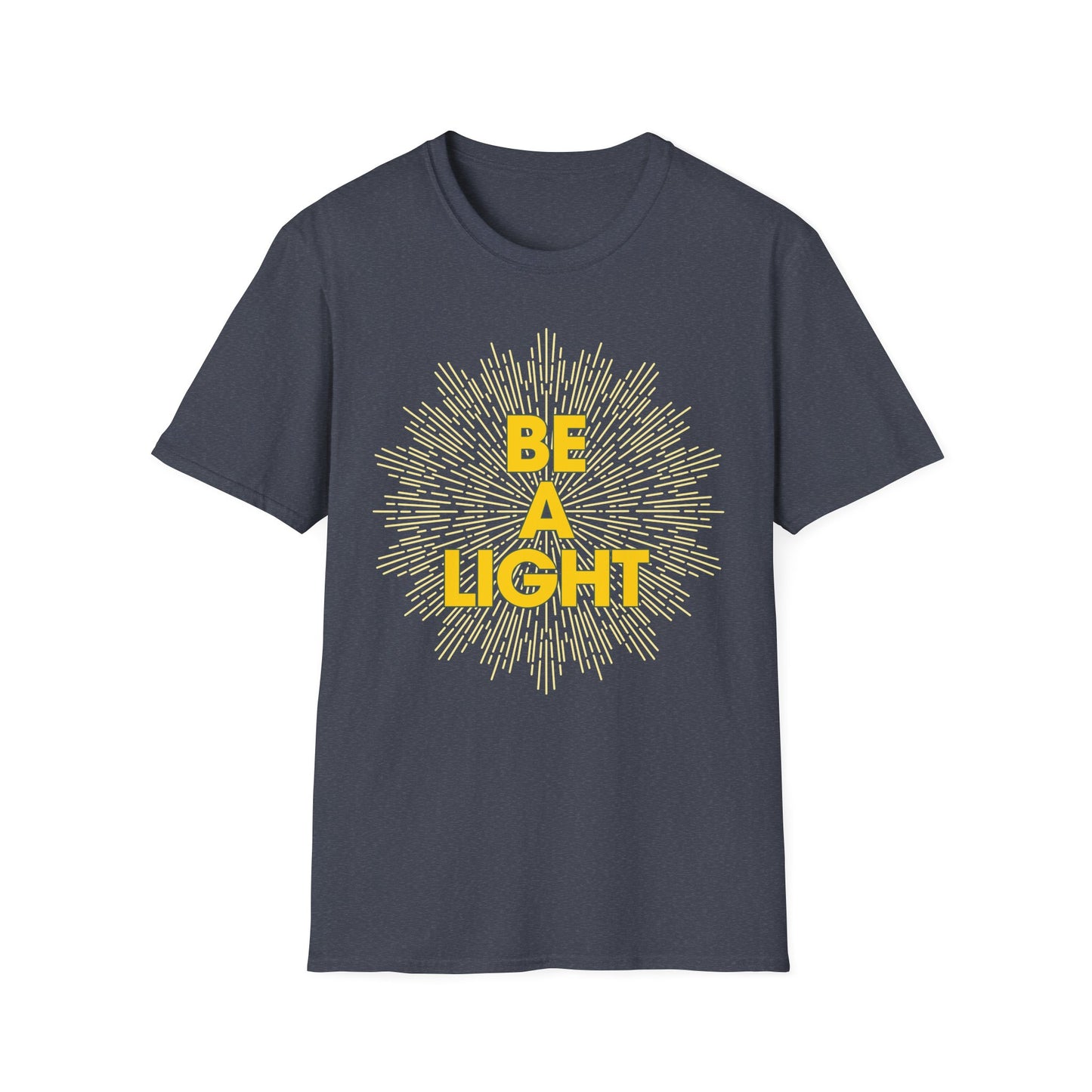 Printify dark gray T-shirt with yellow Be A Light design ideal as apparel for spiritual growth