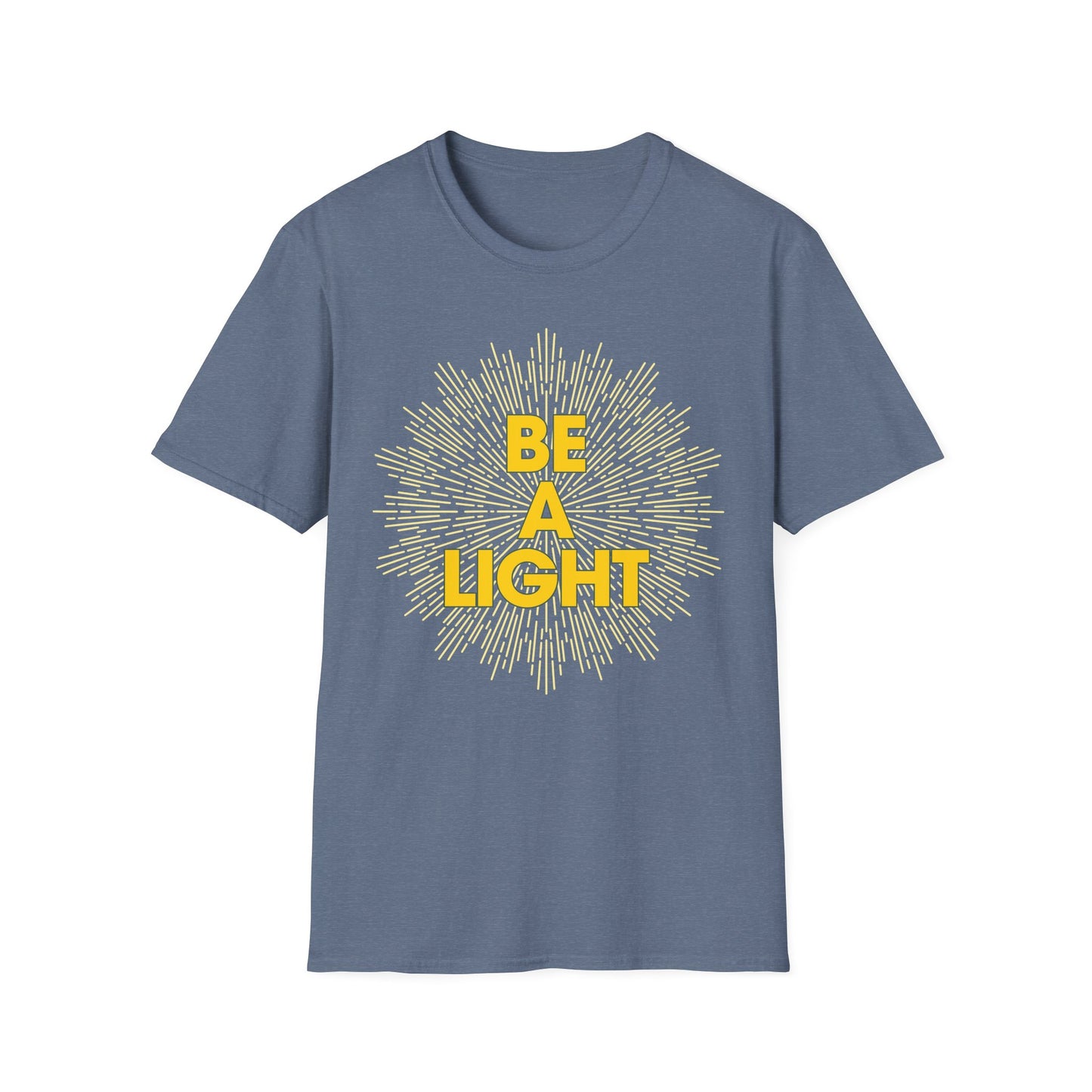 Blue Printify T-Shirt with yellow Be A Light design, apparel for spiritual growth