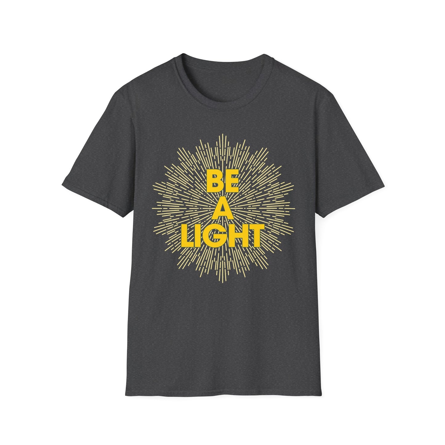 Charcoal gray T-shirt with yellow Be A Light design, apparel for spiritual growth by Printify