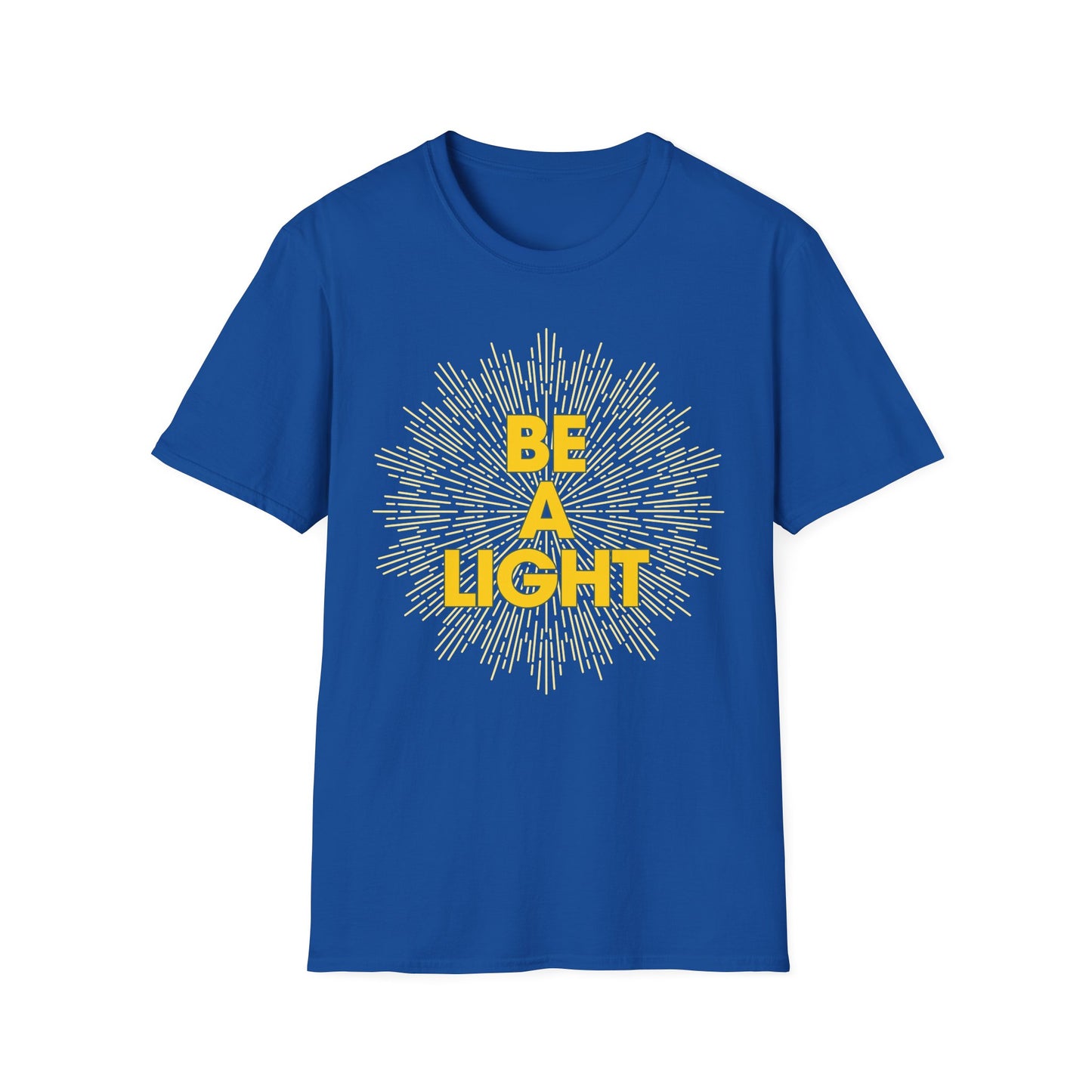 Blue Printify T-shirt with yellow Be A Light design, perfect apparel for spiritual growth