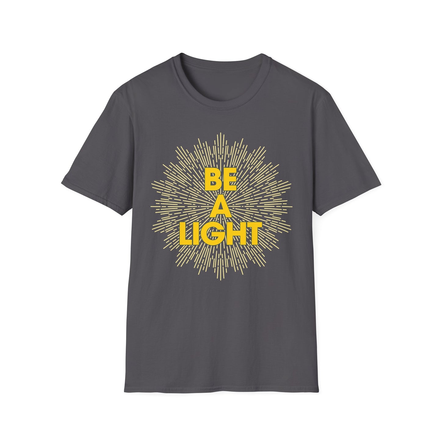 Gray Printify t-shirt with yellow Be A Light design, apparel for spiritual growth