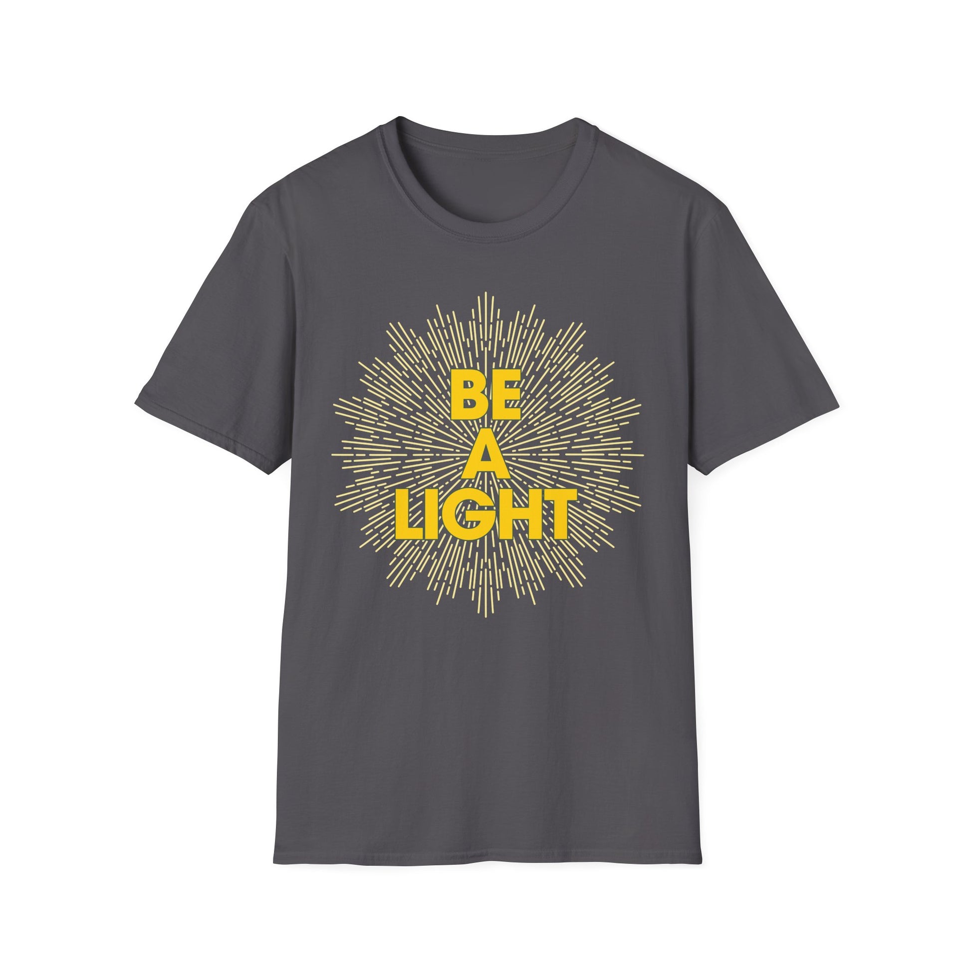 Gray Printify t-shirt with yellow Be A Light design, apparel for spiritual growth