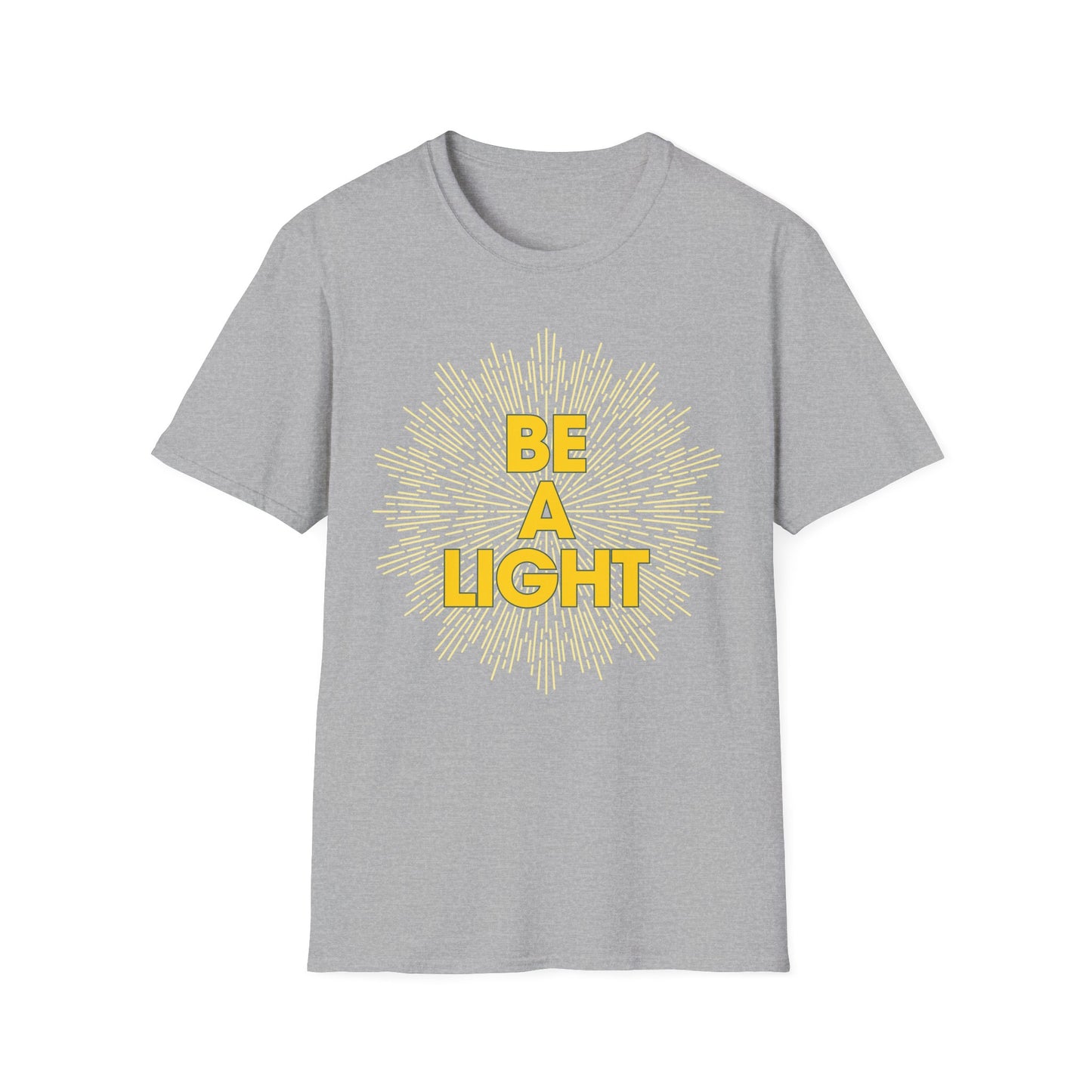 Gray Printify T-shirt with yellow Be A Light design offering apparel for spiritual growth