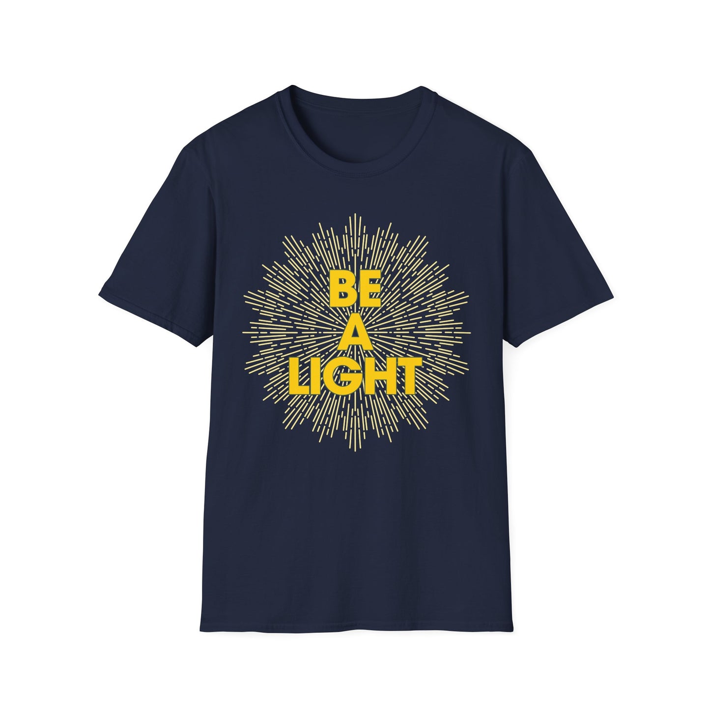 Navy blue T-shirt with yellow Be A Light design perfect apparel for spiritual growth
