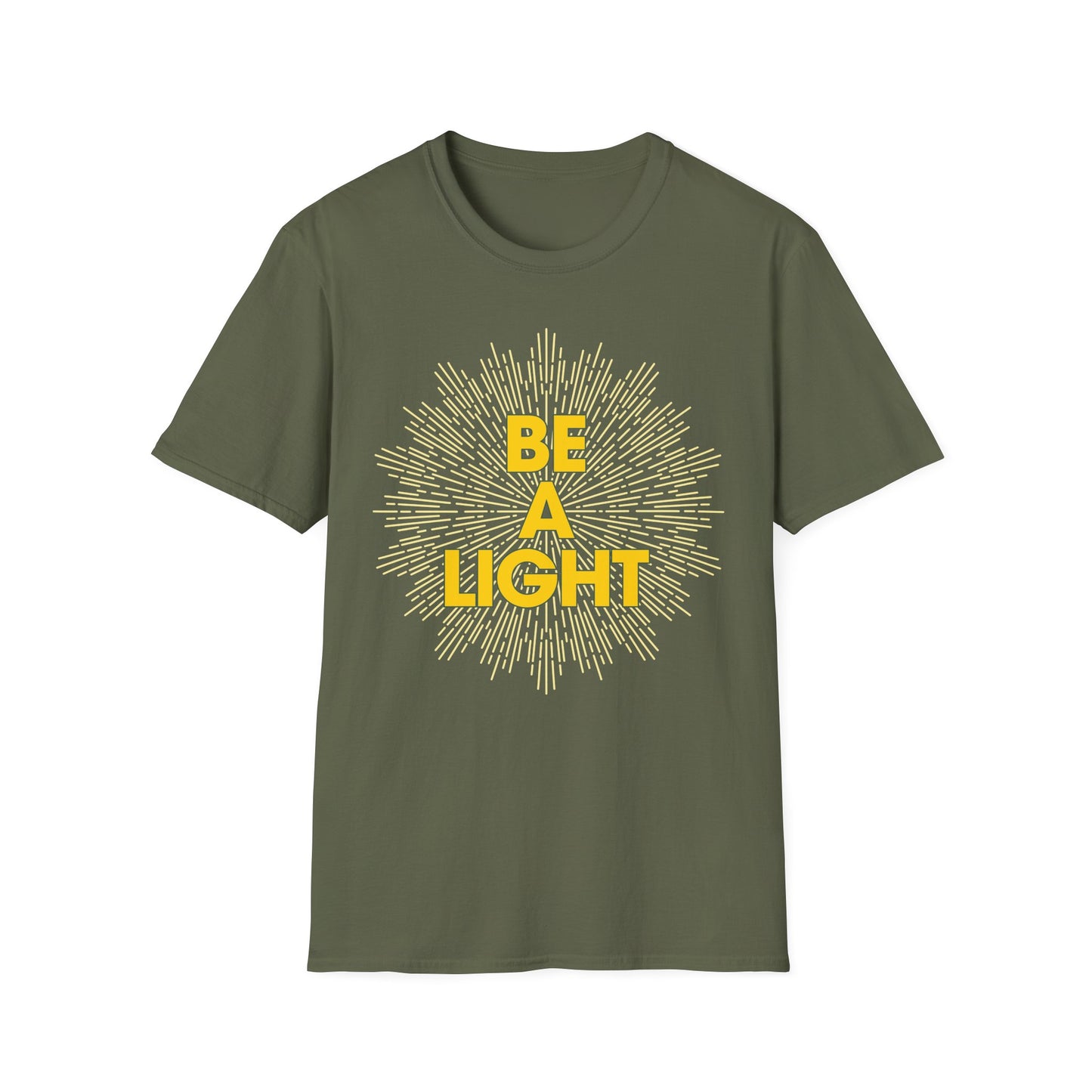 Olive green Printify T-shirt with Be A Light graphic, perfect apparel for spiritual growth