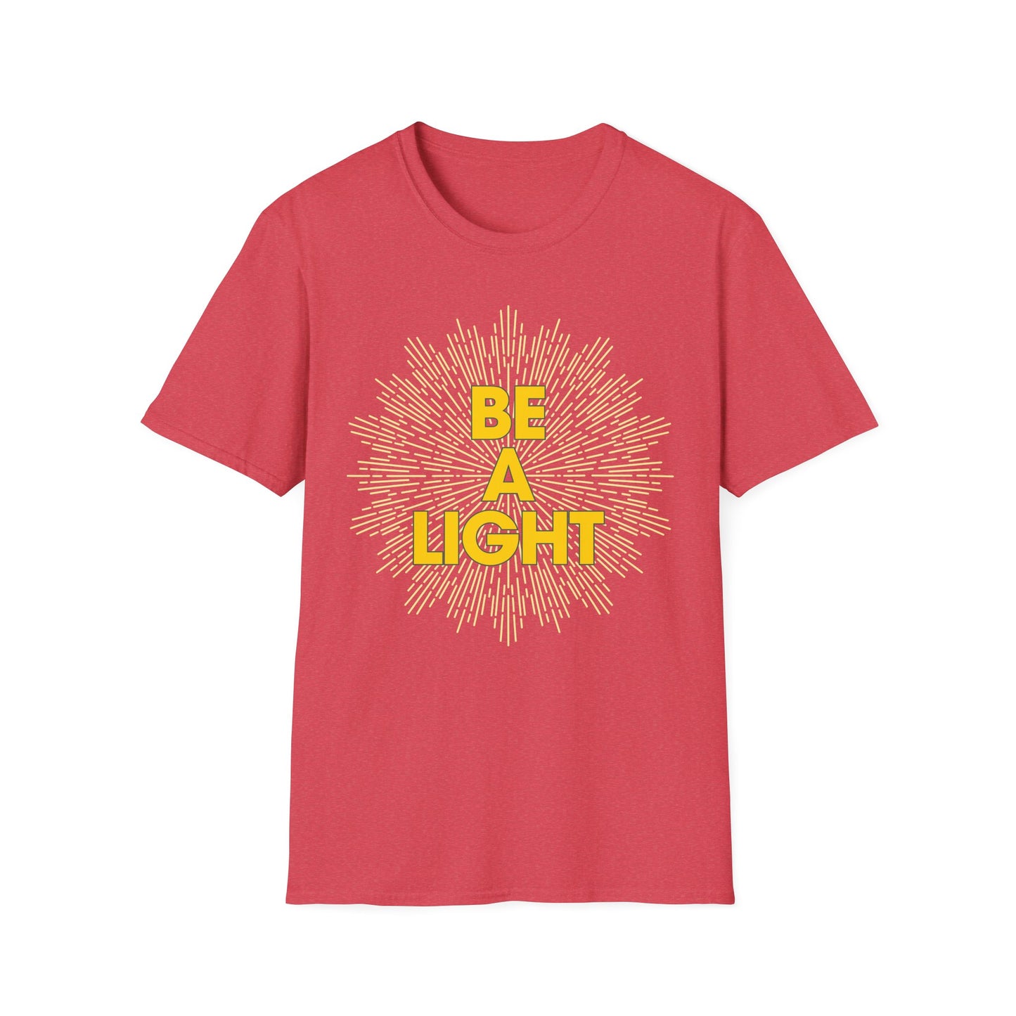 Red Printify T-shirt with yellow Be A Light design, apparel for spiritual growth