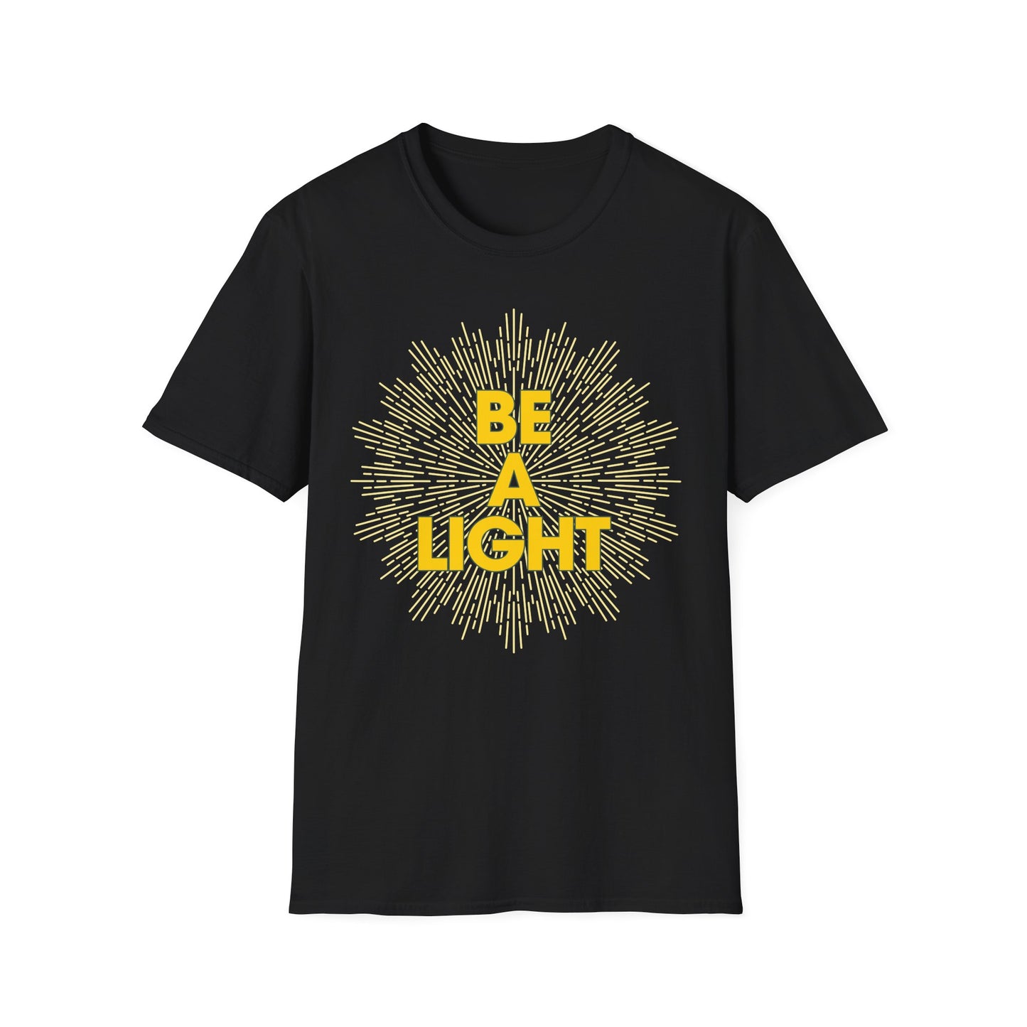 Black Printify T-Shirt with yellow Be A Light design apparel for spiritual growth