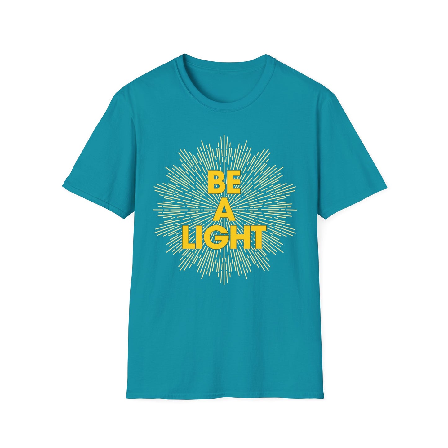Teal Printify T-shirt with Be A Light design, perfect apparel for spiritual growth